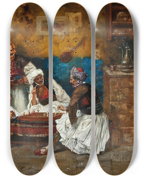Triptych art skateboard deck of Albert Joseph Franke A Game Of Chess by Albert Joseph Franke (1860-1924)