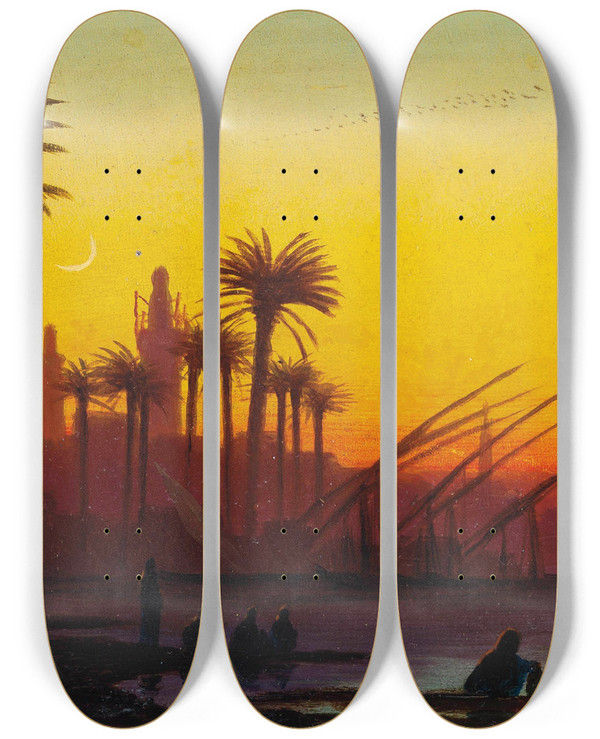 Triptych art skateboard deck of Charles Thodore Frre Sunset Over The Nile by Charles Theodore Frere (1814-1888)