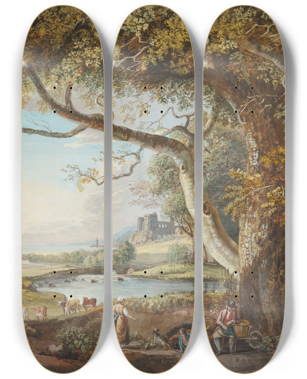 Triptych art skateboard deck of Paul Sandby Landscape With Lake And Large Tree In Foreground by Paul Sandby (1731-1809)