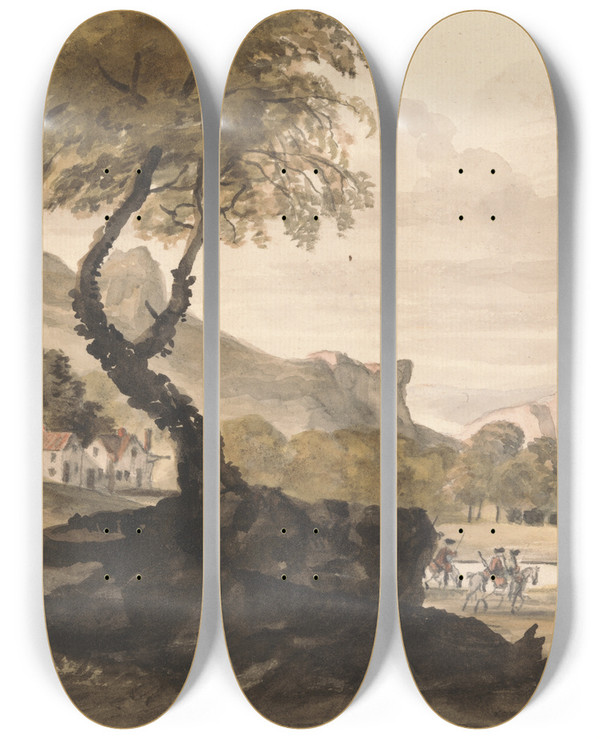 Triptych art skateboard deck of Peter Tillemans Hilly Scene With Village And Horseman by Peter Tillemans (1684-1734)