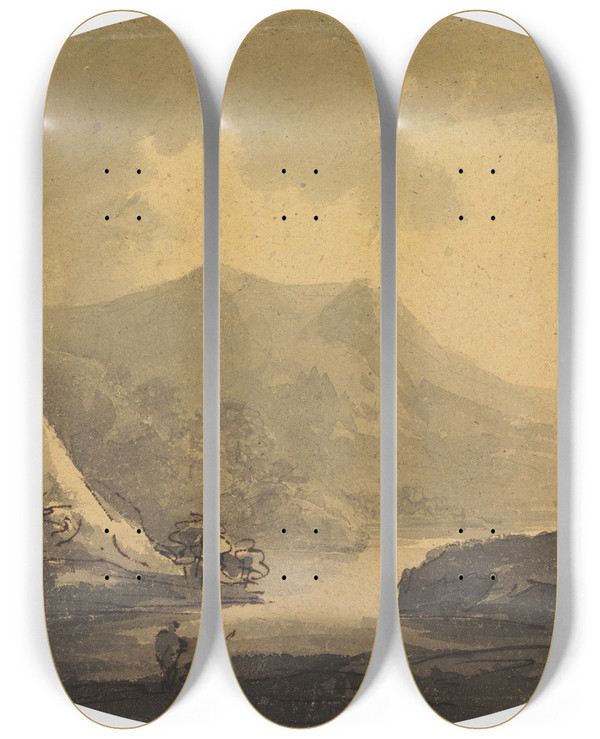 Triptych art skateboard deck of William Gilpin Landscape With Fisherman by William Gilpin (1724-1804)
