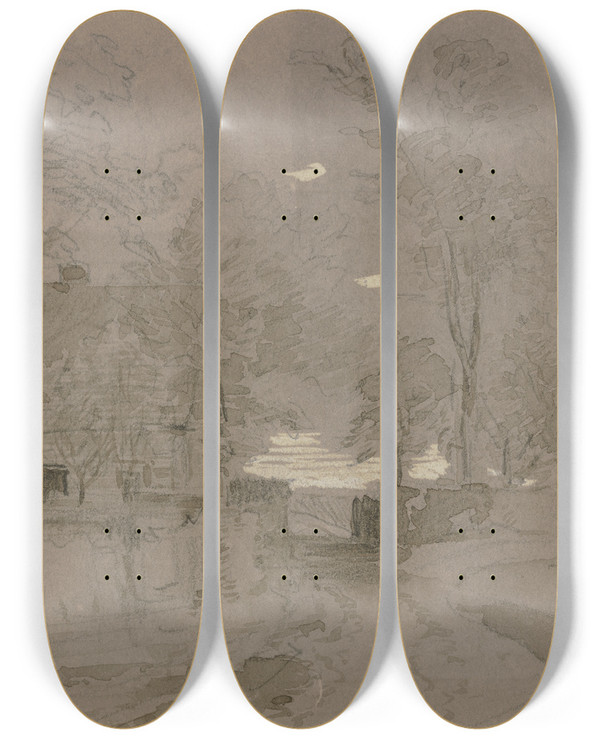 Triptych art skateboard deck of Anton Burger Farmstead At The Road by Anton Burger (1824-1905)