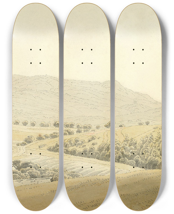 Triptych art skateboard deck of Caspar David Friedrich Mittelgebirgslandschaft by Caspar David Friedrich (1774-1840)
