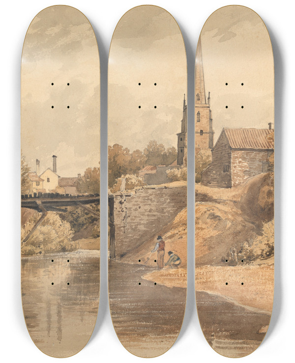 Triptych art skateboard deck of Henry Edridge On The Monnow Monmouth by Henry Edridge (1769-1821)