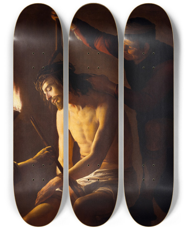 Triptych art skateboard deck of Gerard Van Honthorst The Mocking Of Christ by Gerard Van Honthorst (1592-1656)