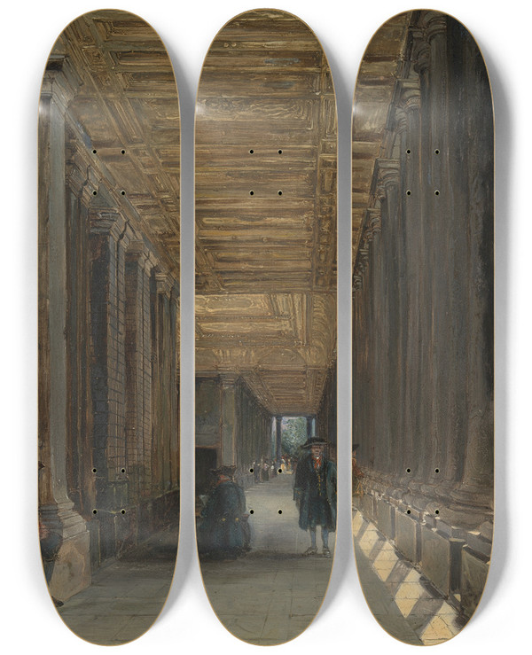 Triptych art skateboard deck of James Holland The Colonnade Of Queen Marys House Greenwich by James Holland (1800-1870)