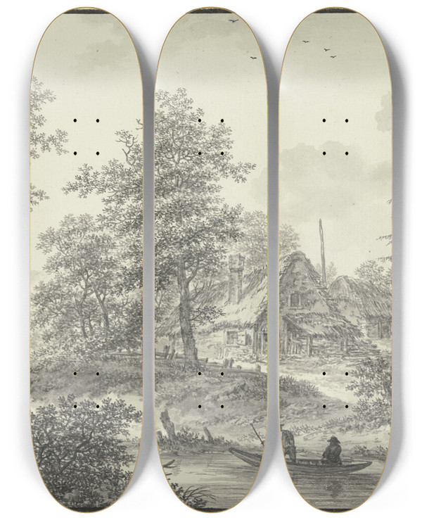 Triptych art skateboard deck of Karl Franz Kraul Eichenwald Mit Zwei Strohhtten Im Vordergrund Ein Bach Mit Zwei Bauern In Einem Boot by Karl Franz Kraul (1754-1796)