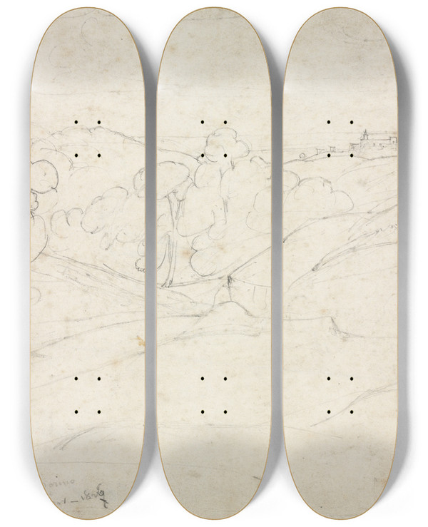 Triptych art skateboard deck of Jeanbaptistecamille Corot View Of Marino Recto by Jean-Baptiste-Camille Corot (1796-1875)