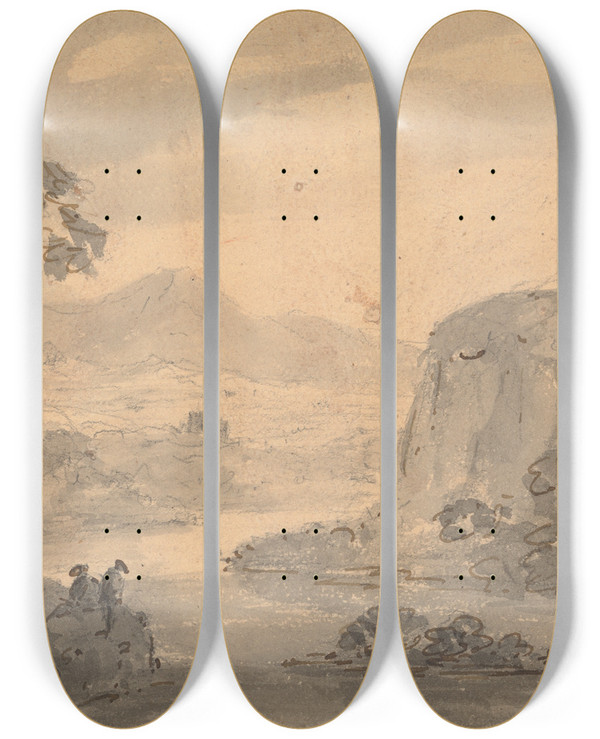 Triptych art skateboard deck of William Gilpin Mountainous Landscape With Two Figures Overlooking A Lake by William Gilpin (1724-1804)