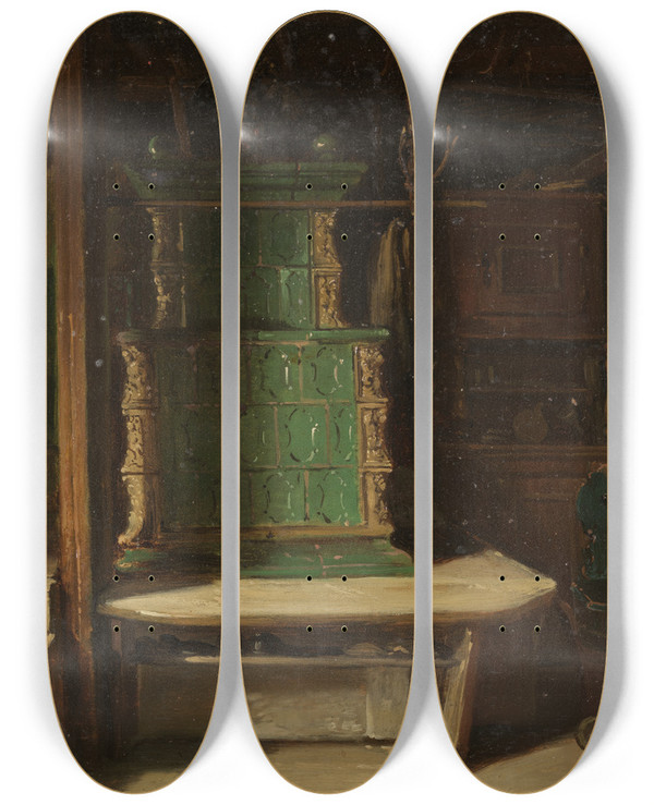 Triptych art skateboard deck of Johann Baptist Kirner Schwarzwlder Bauernstube Mit Grnem Kachelofen by Johann Baptist Kirner (1806-1866)