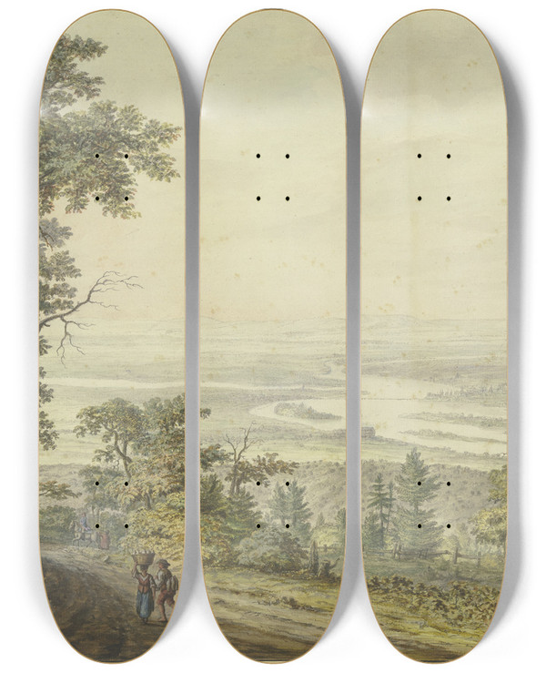 Triptych art skateboard deck of Johann Jakob Koller Blick Auf Das Rheintal Von Der Hohen Wurzel Zwischen Wiesbaden Und Bad Schwalbach Aus Mit Staffagefiguren by Johann Jakob Koller
