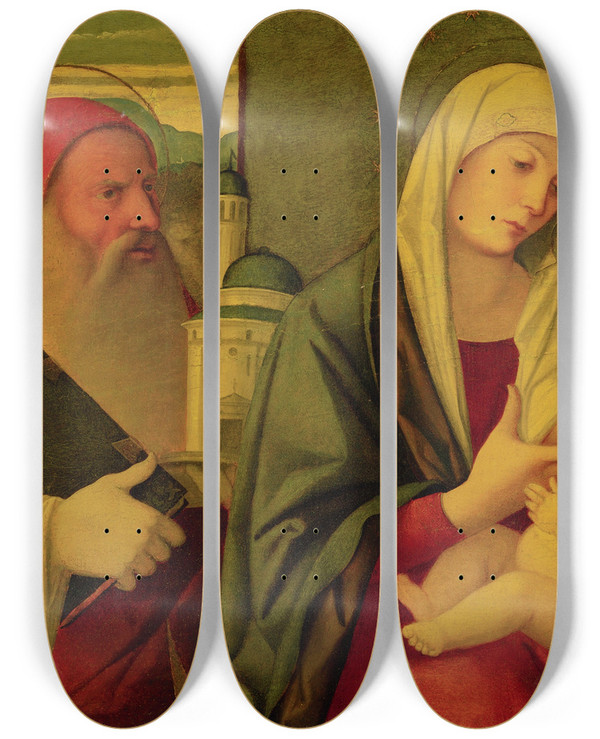 Triptych art skateboard deck of Girolamo Da Santacroce Madonna And Child With St Jerome And St Francis by Girolamo Da Santacroce (1490-1556)