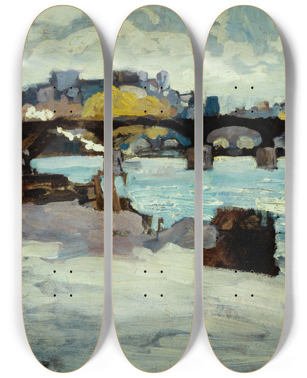 Triptych art skateboard deck of Emile Antoine Guillier Le Pont Des Arts Et La Pointe De Lle De La Cit by Emile Antoine Guillier (1849-1883)