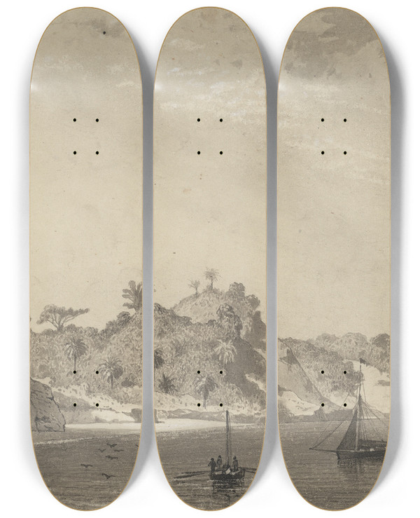 Triptych art skateboard deck of Michel Jean Cazabon Cedros Bay by Michel Jean Cazabon (1813-1888)