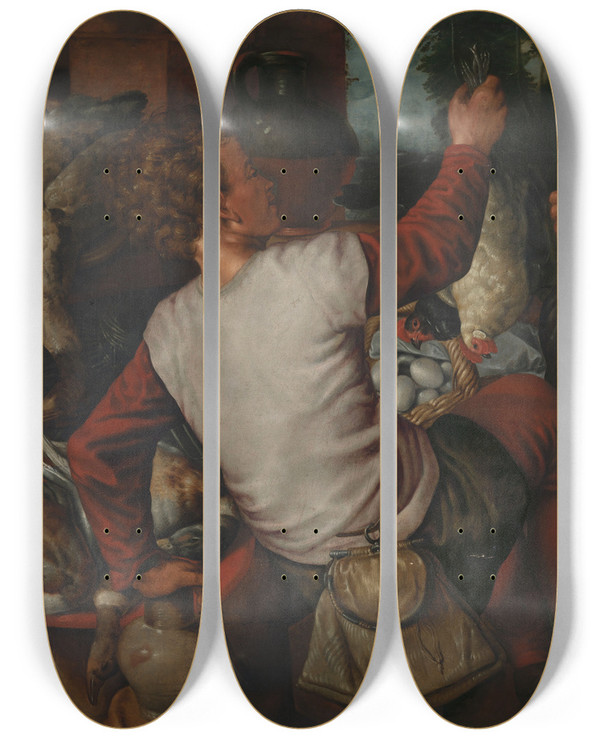 Triptych art skateboard deck of Pieter Aertsen The Stallholders by Pieter Aertsen (1508-1575)