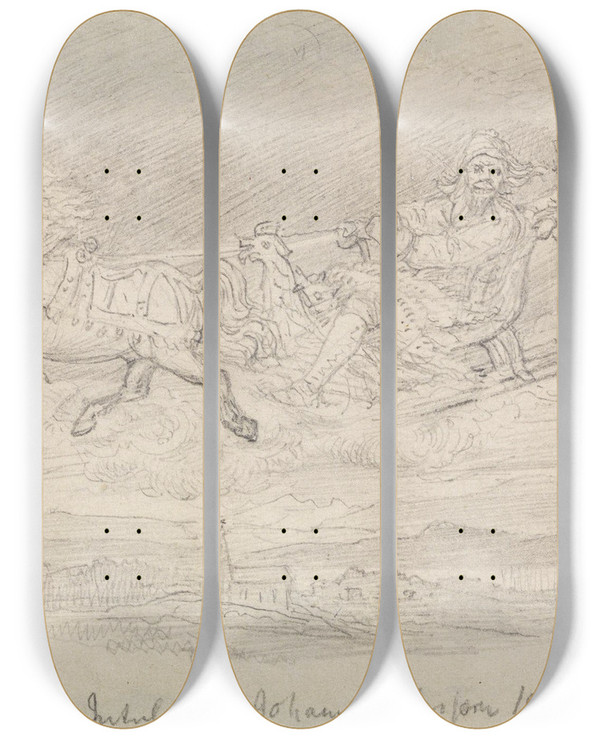 Triptych art skateboard deck of Adolph Tidemand Jutulen And Johannes Blessom by Adolph Tidemand (1814-1876)
