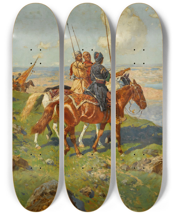 Triptych art skateboard deck of Franz Roubaud Circassian Horsemen by Franz Roubaud (1856-1928)