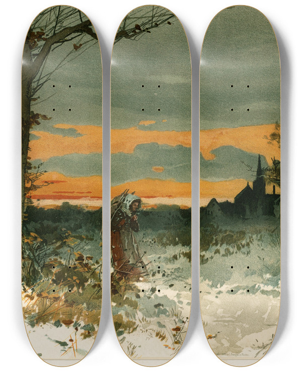 Triptych art skateboard deck of John Mazzanovich Winter by John Mazzanovich (1856-1886)