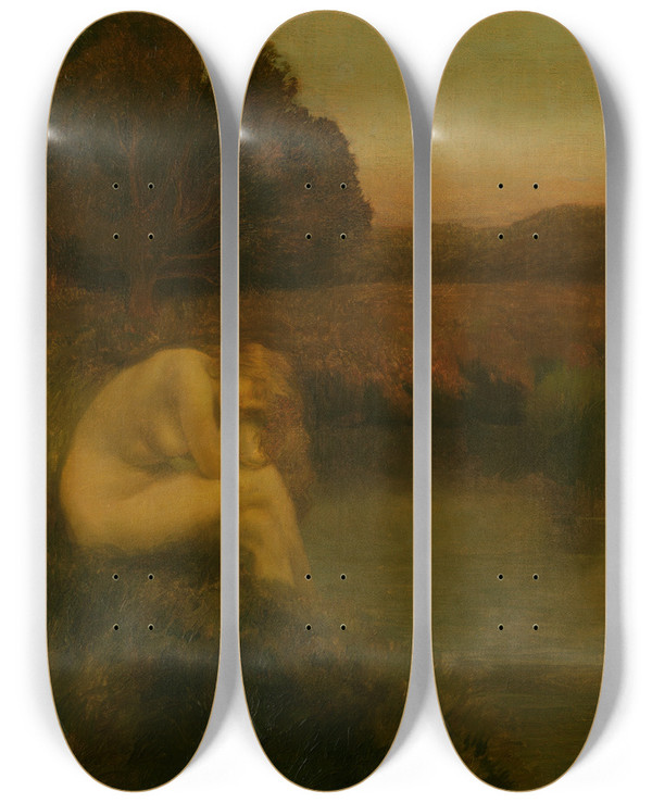 Triptych art skateboard deck of Mileren Mnard At Nightfall by mile-Ren Mnard (1862-1930)