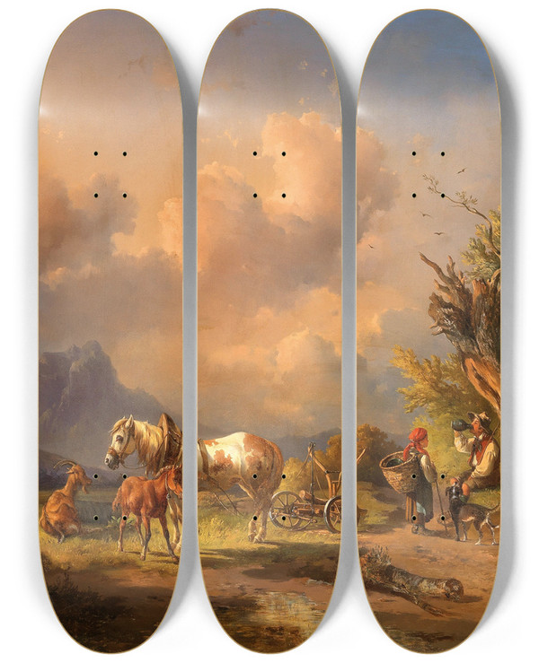 Triptych art skateboard deck of Edmund Mahlknecht A Peasant Resting With Grazing Animals And A Foal_1 by Edmund Mahlknecht (1820-1903)