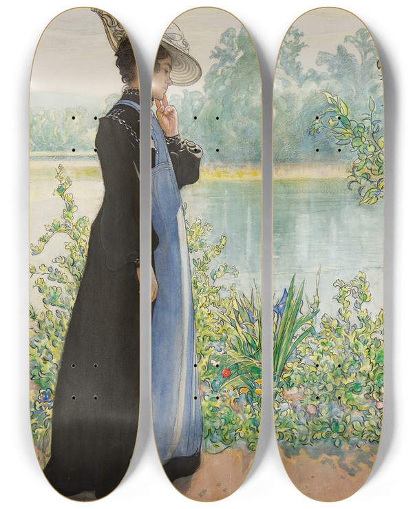 Triptych art skateboard deck of Carl Larsson Karin By The Shore by Carl Larsson (1853-1919)
