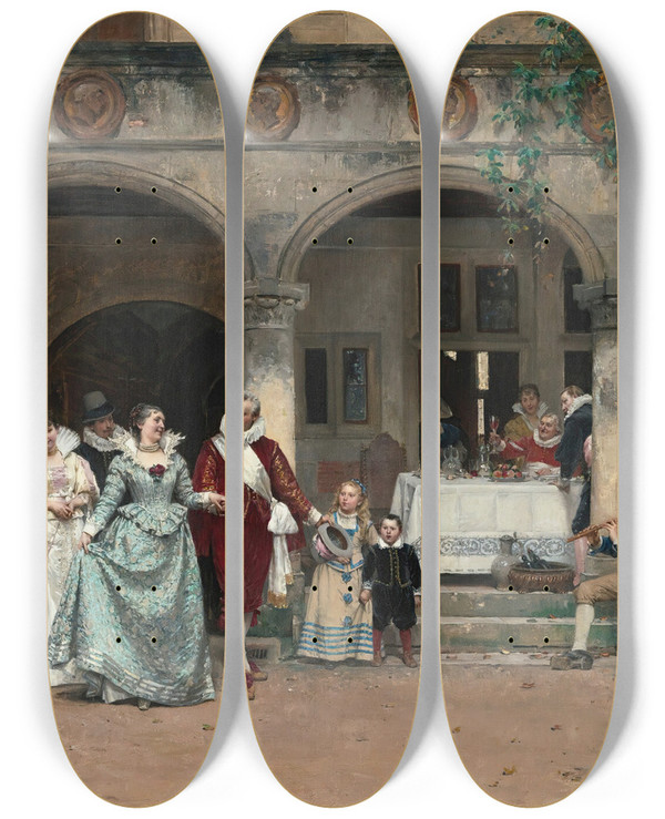 Triptych art skateboard deck of Adrien Moreau Les Noces Dargent by Adrien Moreau (1843-1906)