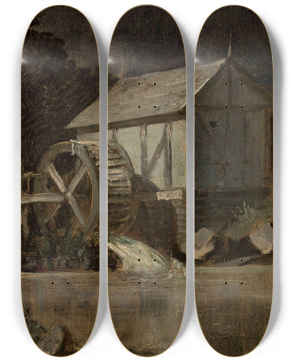 Triptych art skateboard deck of Jan Stanislawski Mill At The River On A Moonlit Night by Jan Stanislawski (1860-1907)