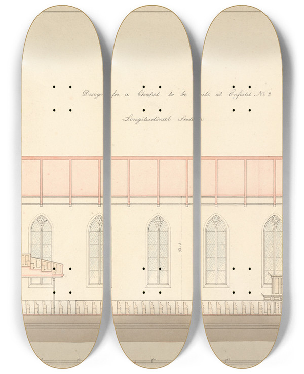Triptych art skateboard deck of Lewis Vulliamy Design For A Chapel At Enfield Longitudinal Section_1 by Lewis Vulliamy (1791-1871)