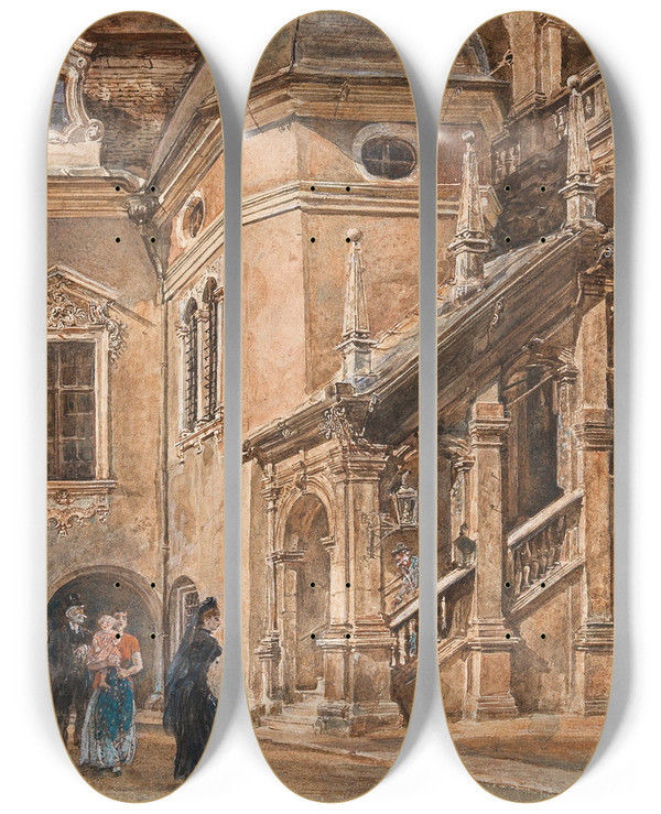 Triptych art skateboard deck of Rudolf Von Alt The Arcaded Courtyard Of The Landhaus In Graz by Rudolf Von Alt (1812-1905)