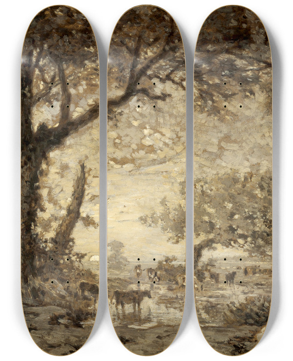 Triptych art skateboard deck of Thodore Rousseau Sunset From The Forest Of Fontainebleau by Theodore Rousseau (1812-1867)