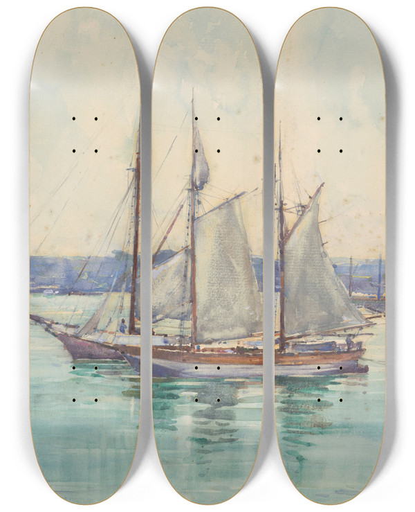 Triptych art skateboard deck of Alfred Walsh Harbour by Alfred Walsh (1859-1916)