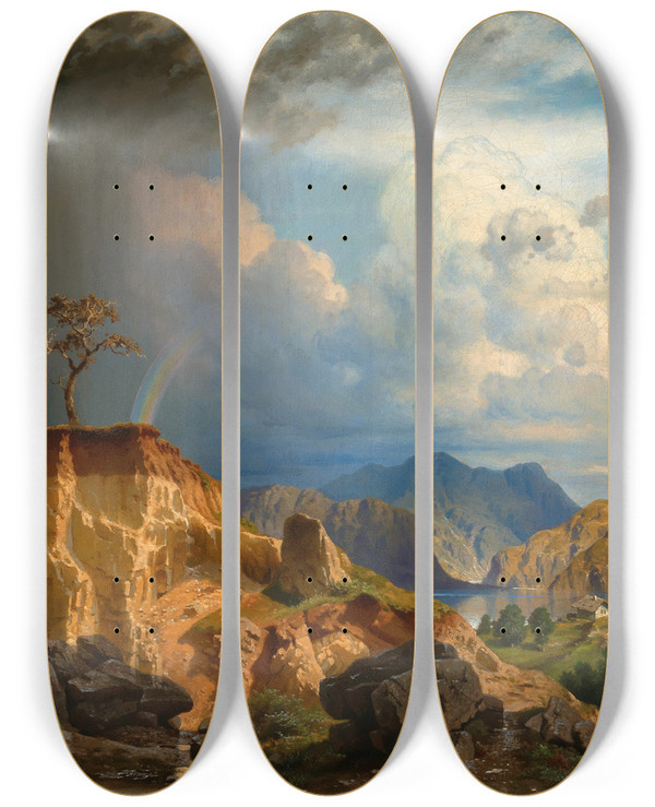 Triptych art skateboard deck of Johann Kautsky A Vaste Landscape With Rainbow by Johann Kautsky (1827-1896)