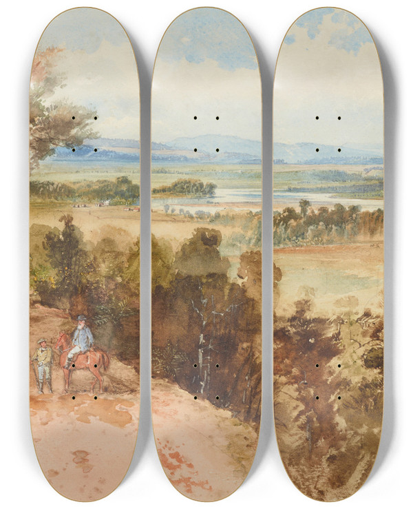 Triptych art skateboard deck of Nicholas Chevalier Rangitikei From Westoe W Fox Esqs Station by Nicholas Chevalier (1828-1902)