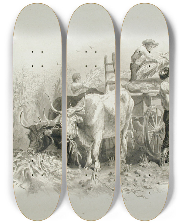 Triptych art skateboard deck of Felix Octavius Carr Darley Haying Scene by Felix Octavius Carr Darley (1822-1888)