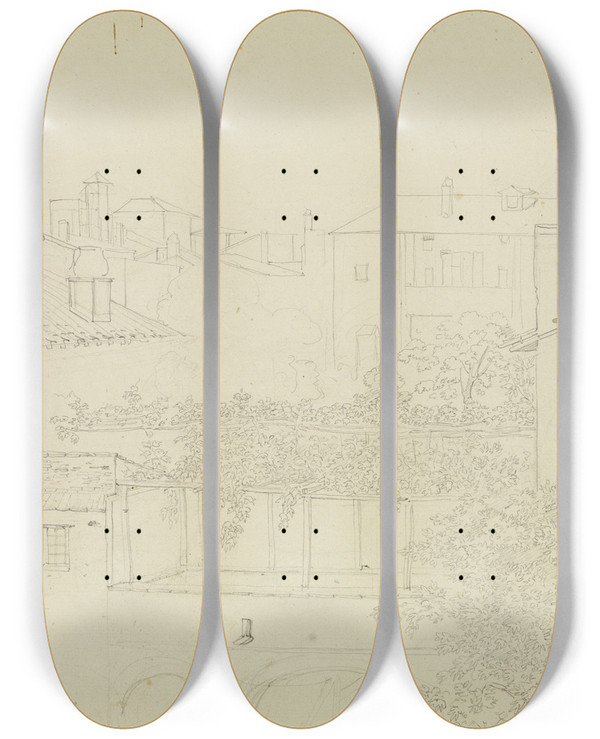 Triptych art skateboard deck of Friedrich Mosbrugger  Blick Auf Hinterhuser Und Eine Pergola In Einer Italienischen Stadt by Friedrich Mosbrugger (1804-1830)