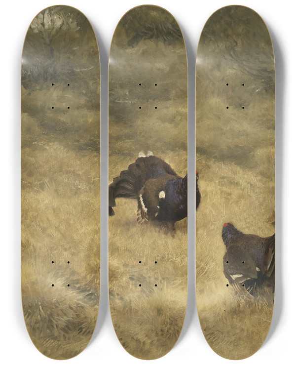 Triptych art skateboard deck of Bruno Liljefors Blackgame In Springtime by Bruno Liljefors (1860-1939)