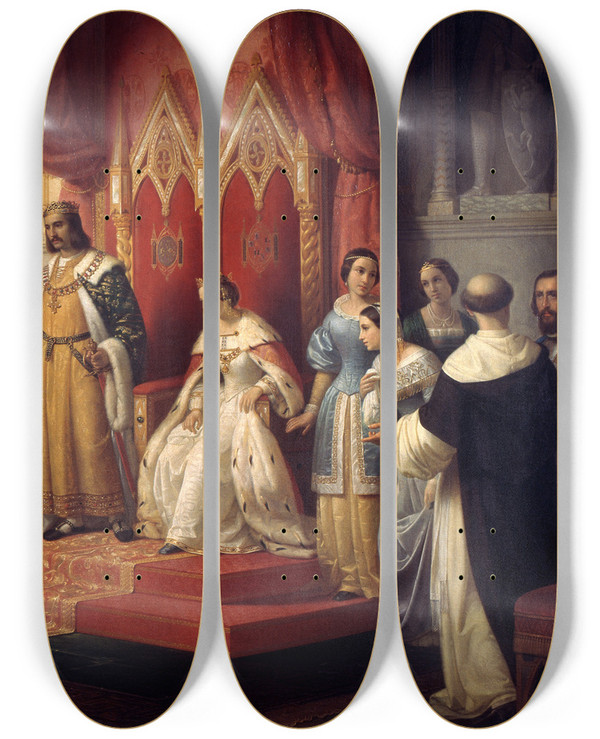 Triptych art skateboard deck of Juan Cordero Cristopher Columbus At The Court Of The Catholic Monarchs by Juan Cordero (1824-1884)