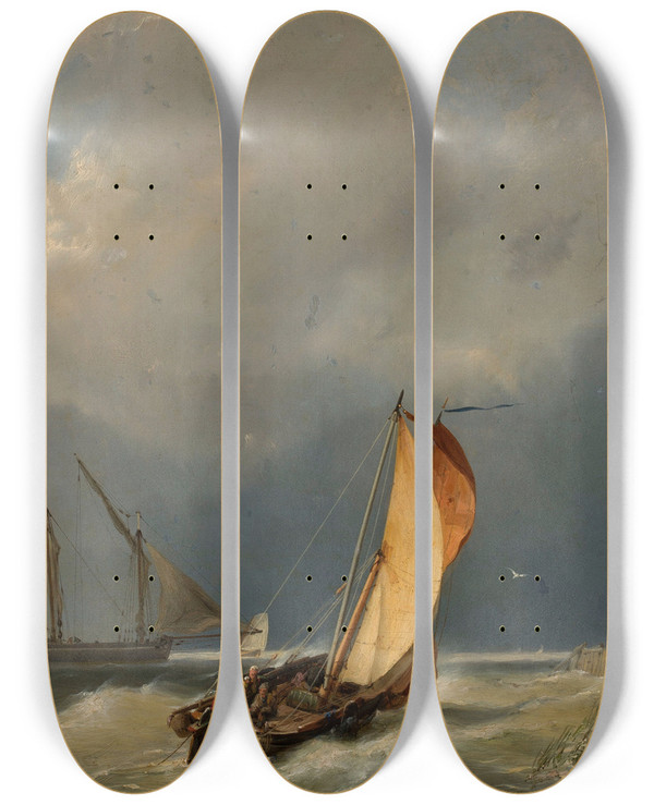 Triptych art skateboard deck of Johannes Hermanus Barend Koekkoek Sail Boats On The Sea by Johannes Hermanus Barend Koekkoek (1840-1912)