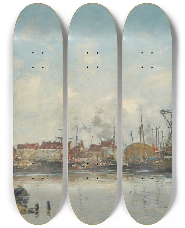 Triptych art skateboard deck of Eugne Boudin Dunkerque Le Vieux Bassin by Eugene Boudin (1824-1898)