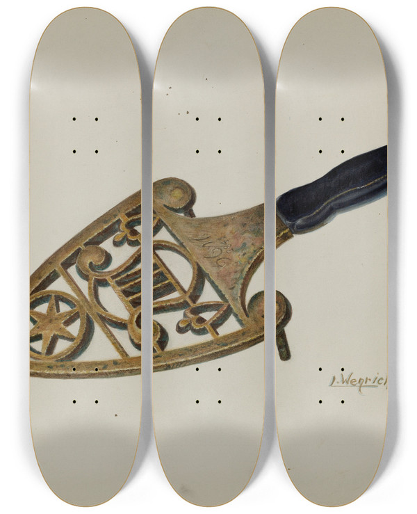 Triptych art skateboard deck of Luther D Wenrich Flat Iron Stand by Luther D Wenrich