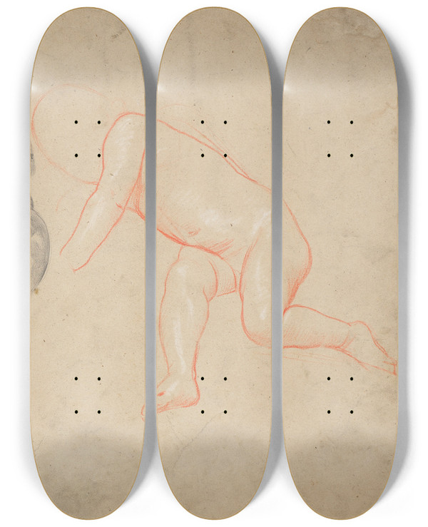 Triptych art skateboard deck of Franz Von Matsch Studien Eines Kleinkindes Eines Kleinkinderkopfes Schlafend Eines Frauenkopfes by Franz Von Matsch (1861-1942)