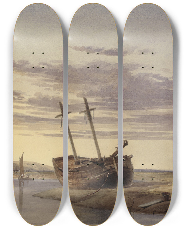 Triptych art skateboard deck of Charles Bentley Fishing Boats In Rye Harbour With A Windmill In The Distance by Charles Bentley (1808-1854)