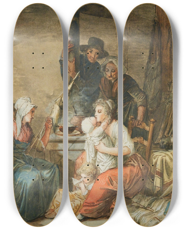 Triptych art skateboard deck of Jeanbaptiste Mallet Interior Scene by Jean-Baptiste Mallet (1759-1835)