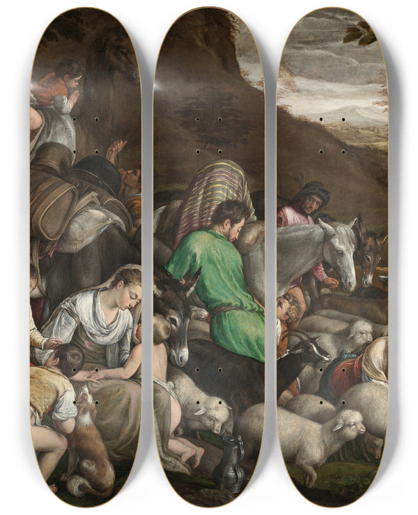 Triptych art skateboard deck of Jacopo Bassano Jacobs Journey by Jacopo Bassano (1510-1592)