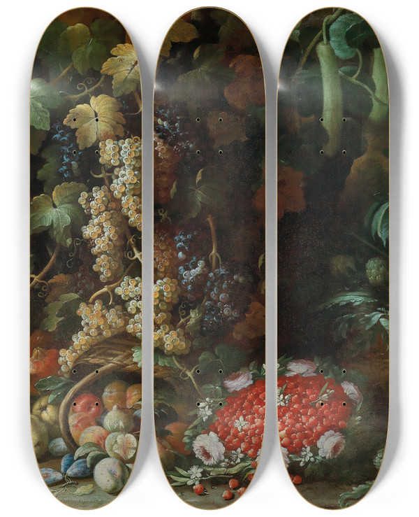 Triptych art skateboard deck of Francesco Della Questa An Overturned Basket Of Fruit Flowers And Vegetables With A Strawberryfilled Garland In A Villa Garden by Francesco della Questa (1652-1723)