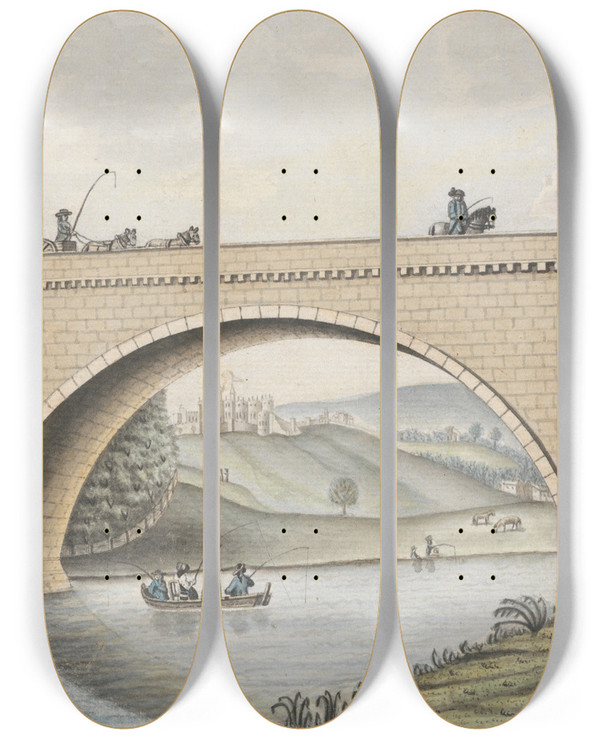 Triptych art skateboard deck of William Beilby Brick Bridge by William Beilby (1740-1819)