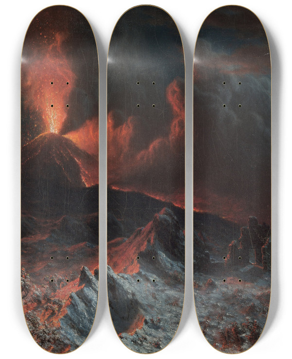Triptych art skateboard deck of Albert Bierstadt Mount Vesuvius At Midnight by Albert Bierstadt (1830-1902)