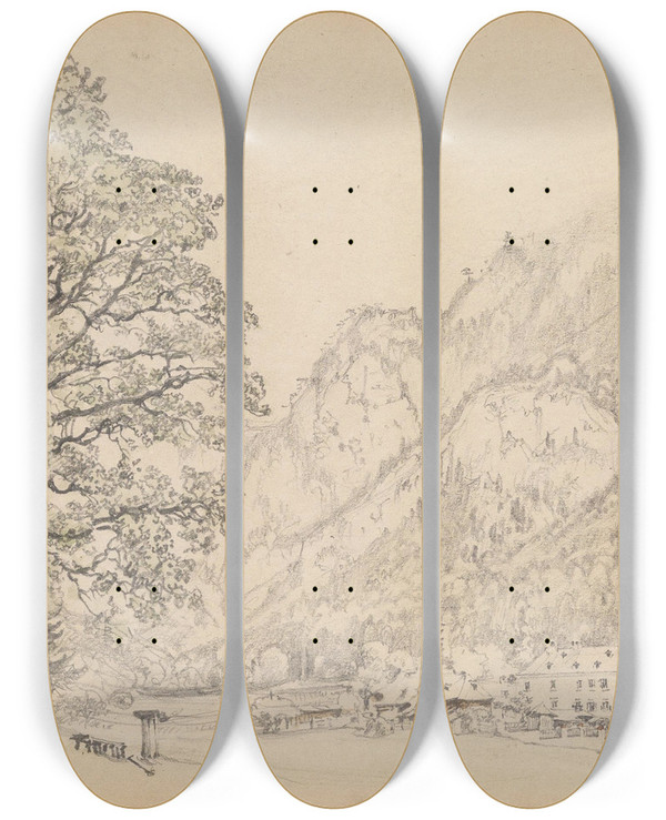 Triptych art skateboard deck of Rudolf Von Alt Der Thalhof In Reichenau An Der Rax by Rudolf Von Alt (1812-1905)