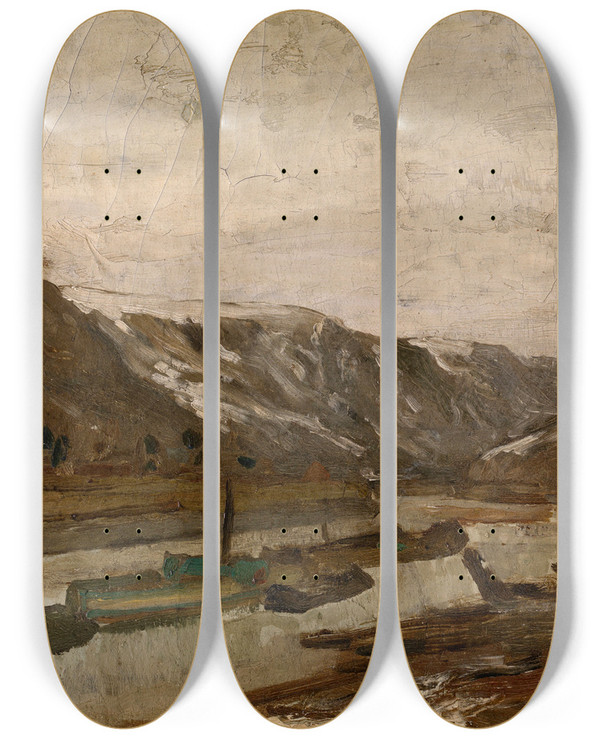 Triptych art skateboard deck of Flicien Rops Barges In Dinant by Felicien Rops (1833-1898)