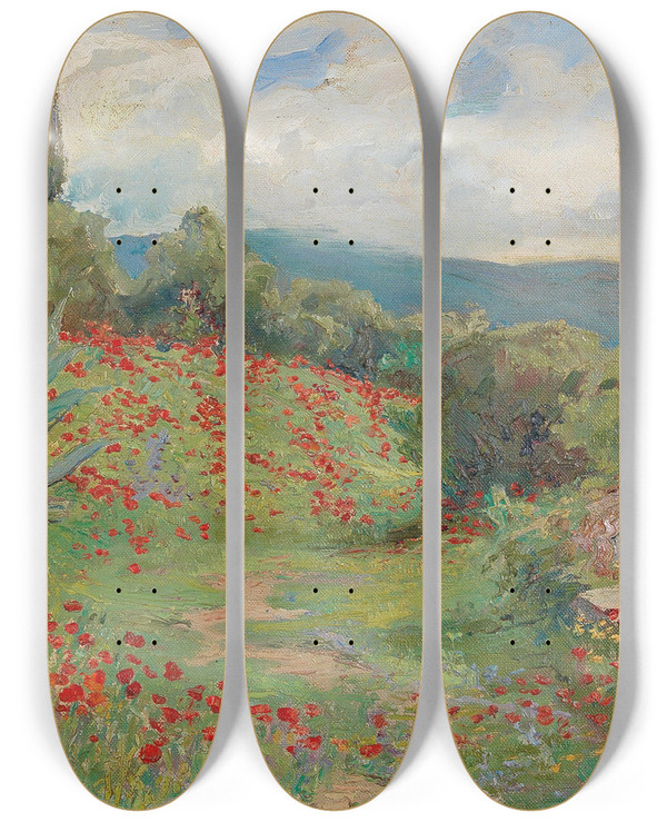 Triptych art skateboard deck of Menci Clement Crni Spring Day On The Coast by Menci Clement Crncic (1865-1930)